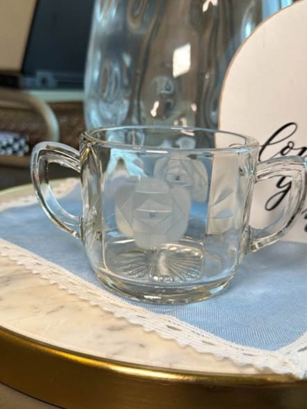Vintage Etched Clear Glass Double Handled Sugar Bowl